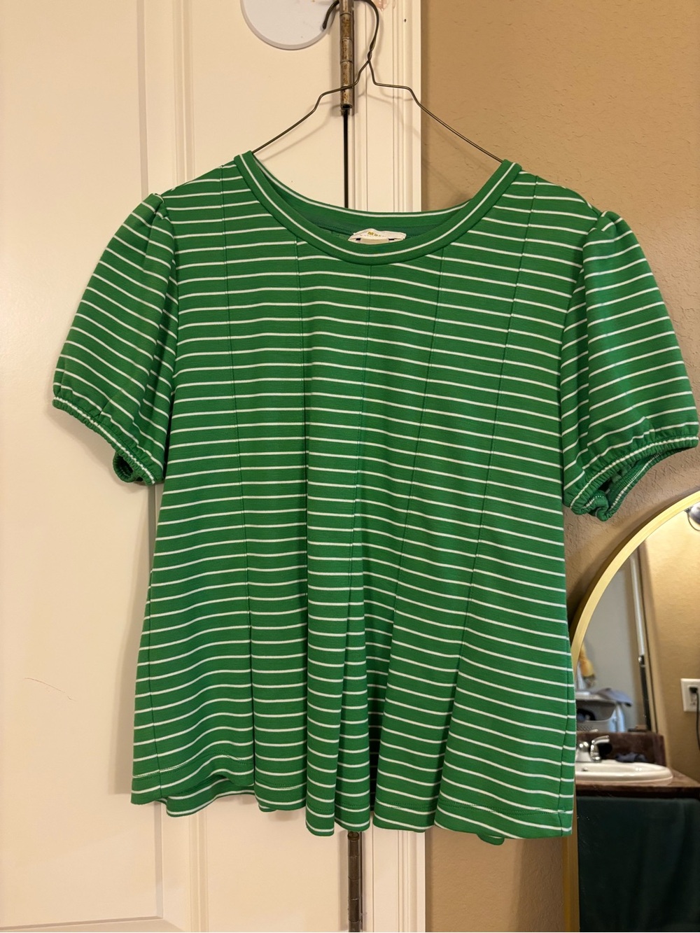 Maeve Green and White Striped Puff Sleeve Tee